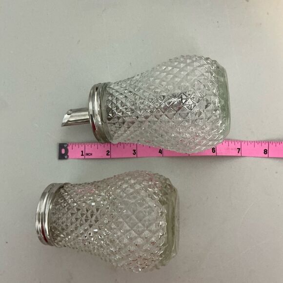Vtg Diamond Point Pattern Sugar Shaker & Creamer/Syrup Stainless Steel Lid - Picture 4 of 4